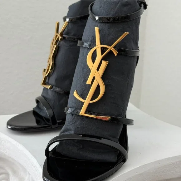 Saint Laurent Cassandra YSL Medallion Strappy Stiletto Sandals | Size 37.5 / 7.5 - Picture 5 of 11